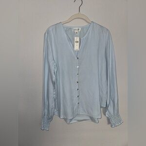 Cloth & Stone Linen Blend Blue Button Up Blouse